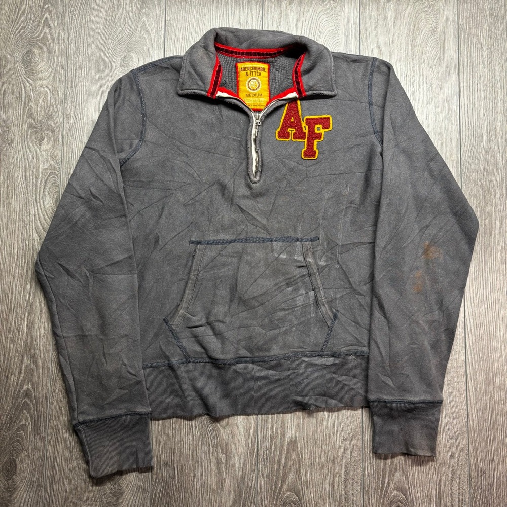 Abercrombie & Fitch Mens Vintage Y2K Quarter Zip Sweatshirt Grey Medium AF Logo
